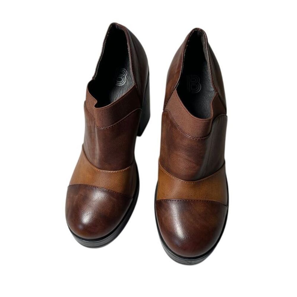 Brown Multi-Tone Leather Ankle Boots‎ Block Heel Slip-On Comfort Shoes Size 41